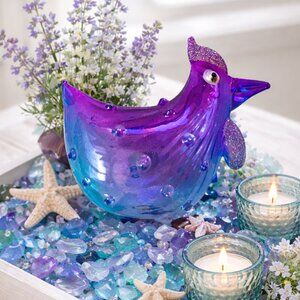 Pier 1 Blown Glass Blanche the Bumpy Chicken Blue Purple Sparkle Decor Figurine